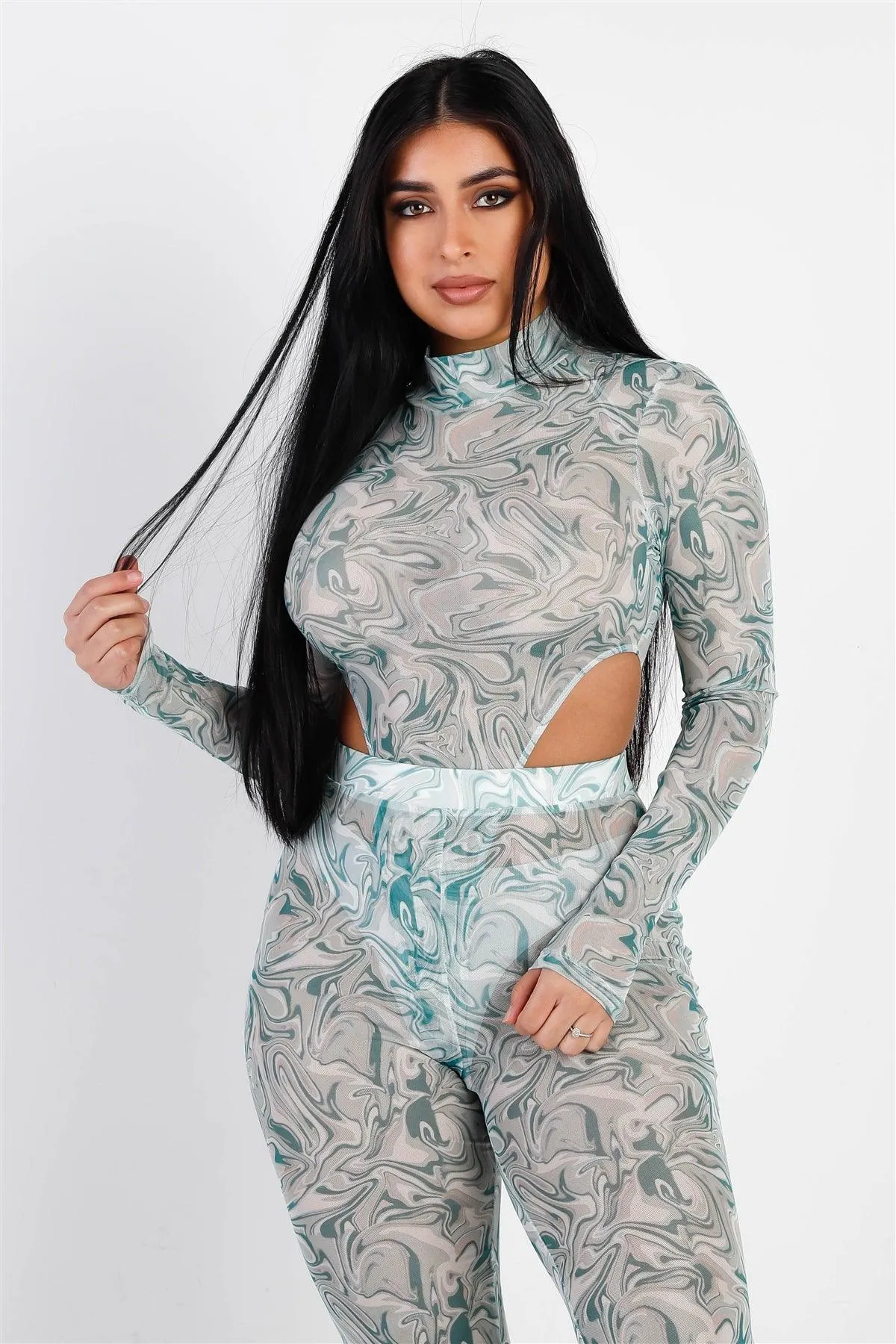 Swirl Mesh Mock Neck Bodysuit & Flare Pant Set /1-2