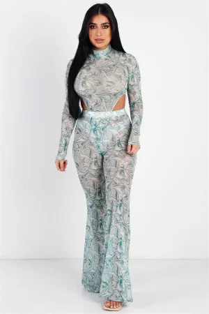 Swirl Mesh Mock Neck Bodysuit & Flare Pant Set /1-2