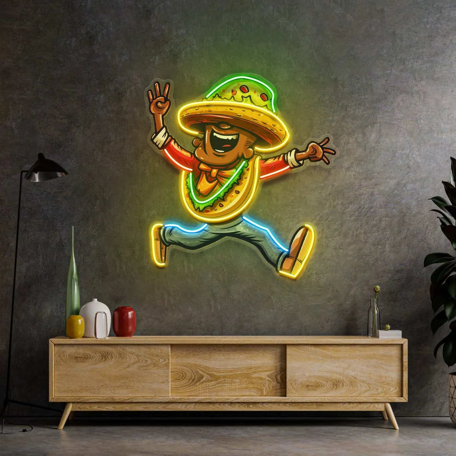 Taco Costume Neon Sign Playful Character Design for Mexican Restaurants Kitchens Bars