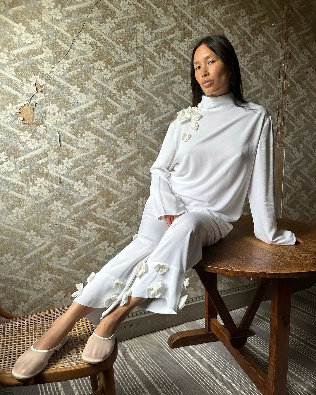 The Bloom Black Tie Pajamas Set with Pants in White