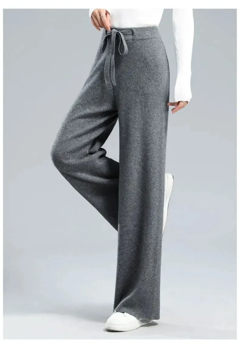Thick Warm Knitted Casual Chic Basic Soft Elastic High Waist Women's Pants Korean Fashion Straight Ankle-Length Pants For Women