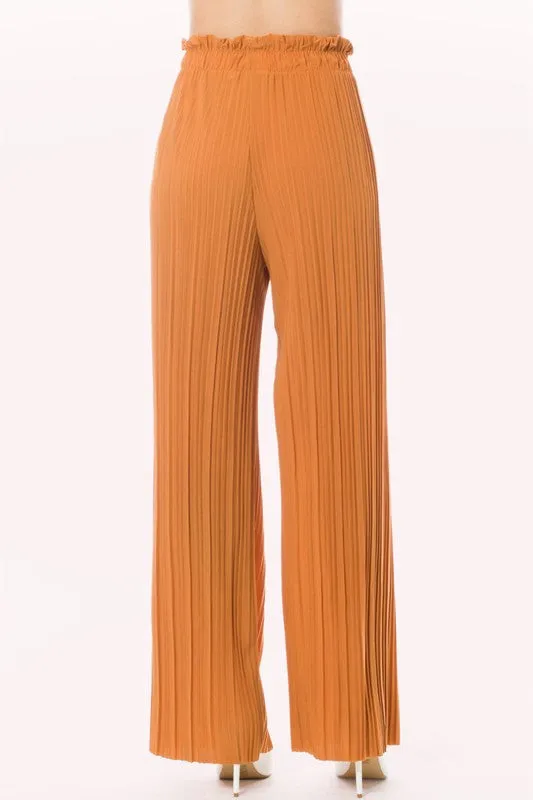 Tie Paperbag Waist Pleated Wide Leg Palazzo Pants