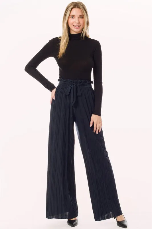 Tie Paperbag Waist Pleated Wide Leg Palazzo Pants
