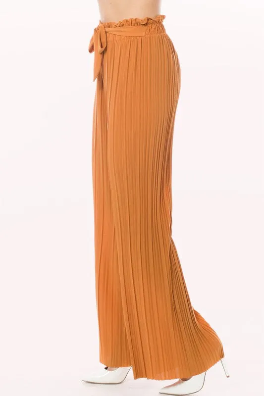Tie Paperbag Waist Pleated Wide Leg Palazzo Pants