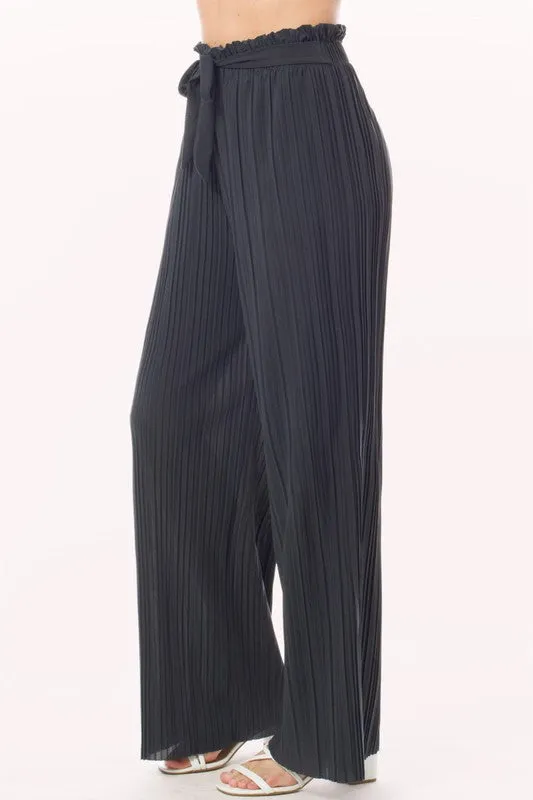 Tie Paperbag Waist Pleated Wide Leg Palazzo Pants