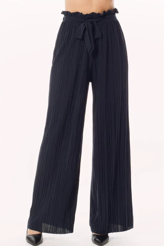 Tie Paperbag Waist Pleated Wide Leg Palazzo Pants