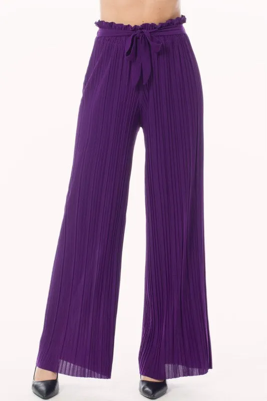 Tie Paperbag Waist Pleated Wide Leg Palazzo Pants