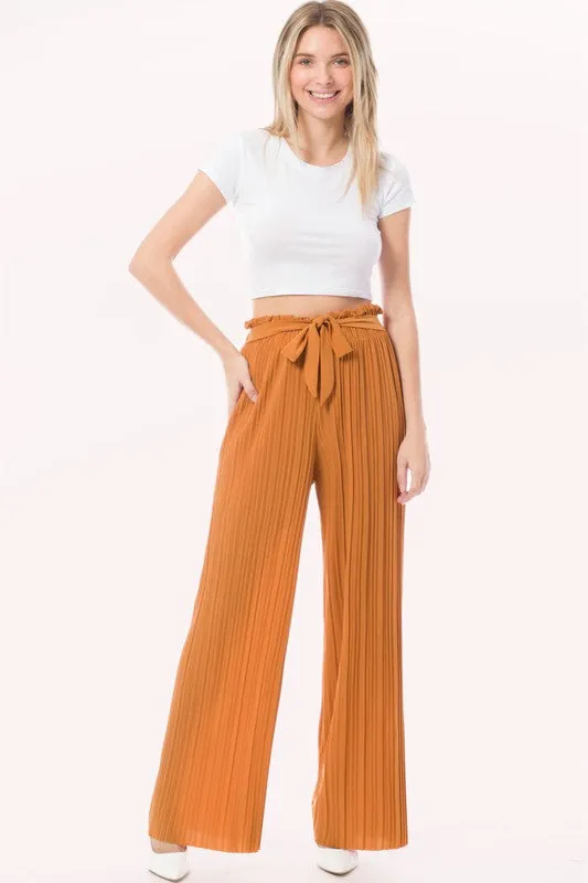Tie Paperbag Waist Pleated Wide Leg Palazzo Pants