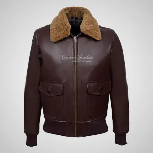 TOP GUN Men's Bomber Leather Jacket Natural Fur Collar