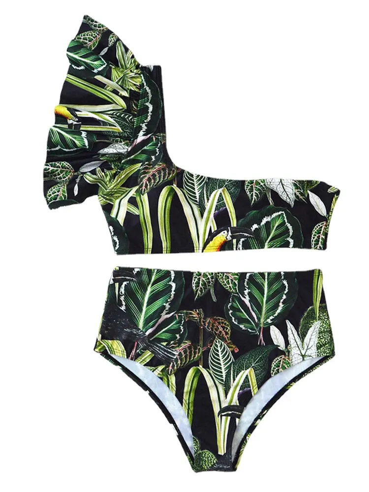 Tropical Plant Print One Shoulder Bandage Backless High Waist Green Bikinis Swimwear