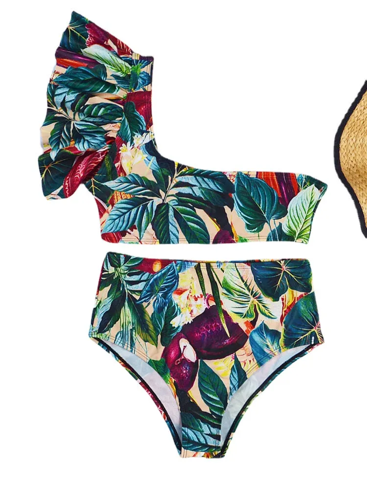 Tropical Plant Print One Shoulder Bandage Backless High Waist Green Bikinis Swimwear