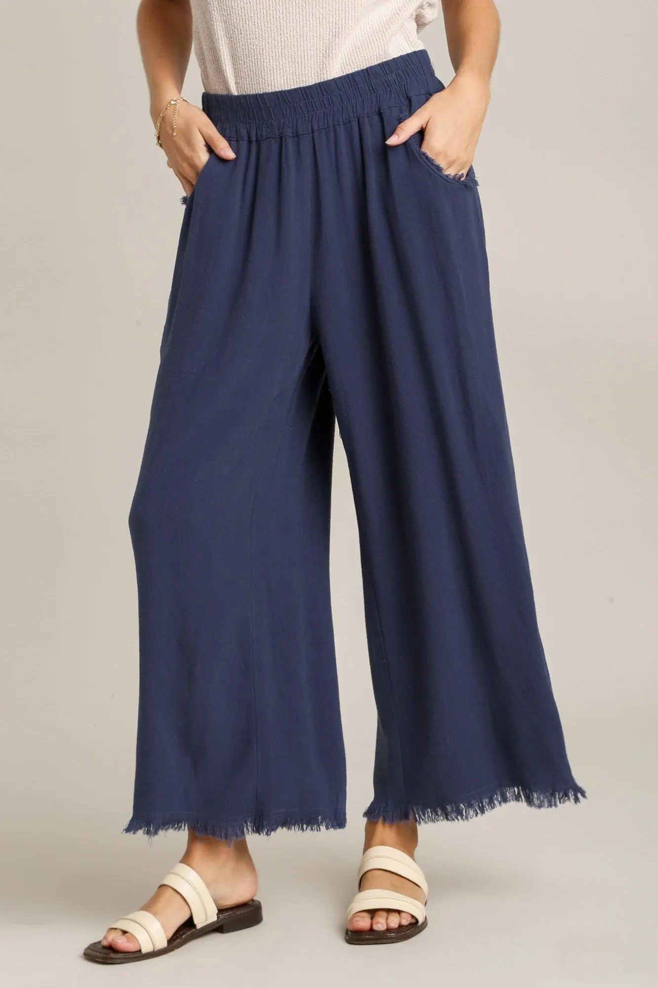 Umgee Wide Leg Linen Pants in Navy
