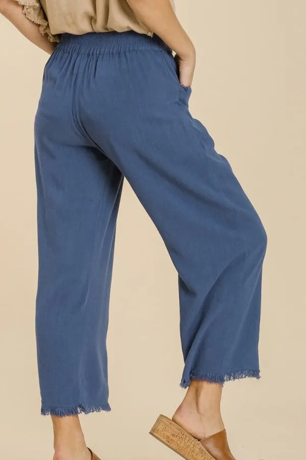 Umgee Wide Leg Linen Pants in Slate Blue