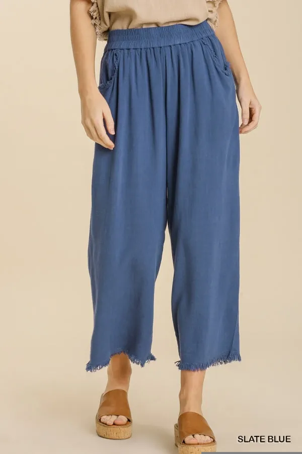 Umgee Wide Leg Linen Pants in Slate Blue