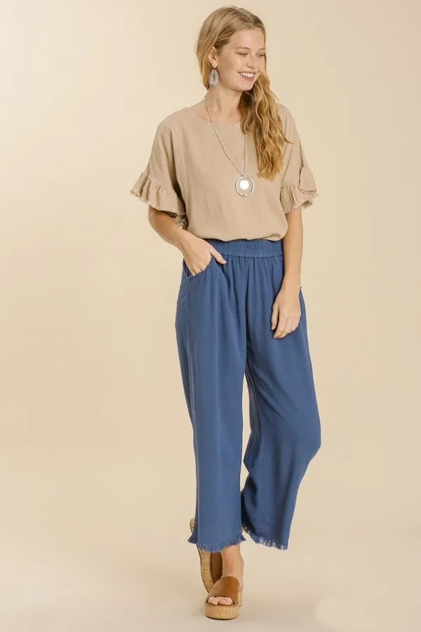 Umgee Wide Leg Linen Pants in Slate Blue