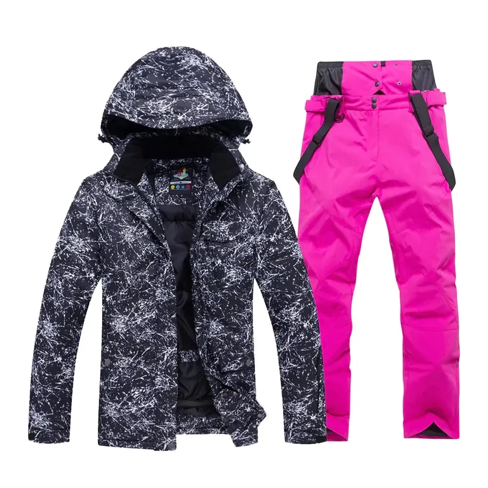 Unisex Snowboard Ski Jacket and Pants Set Marble Pattern