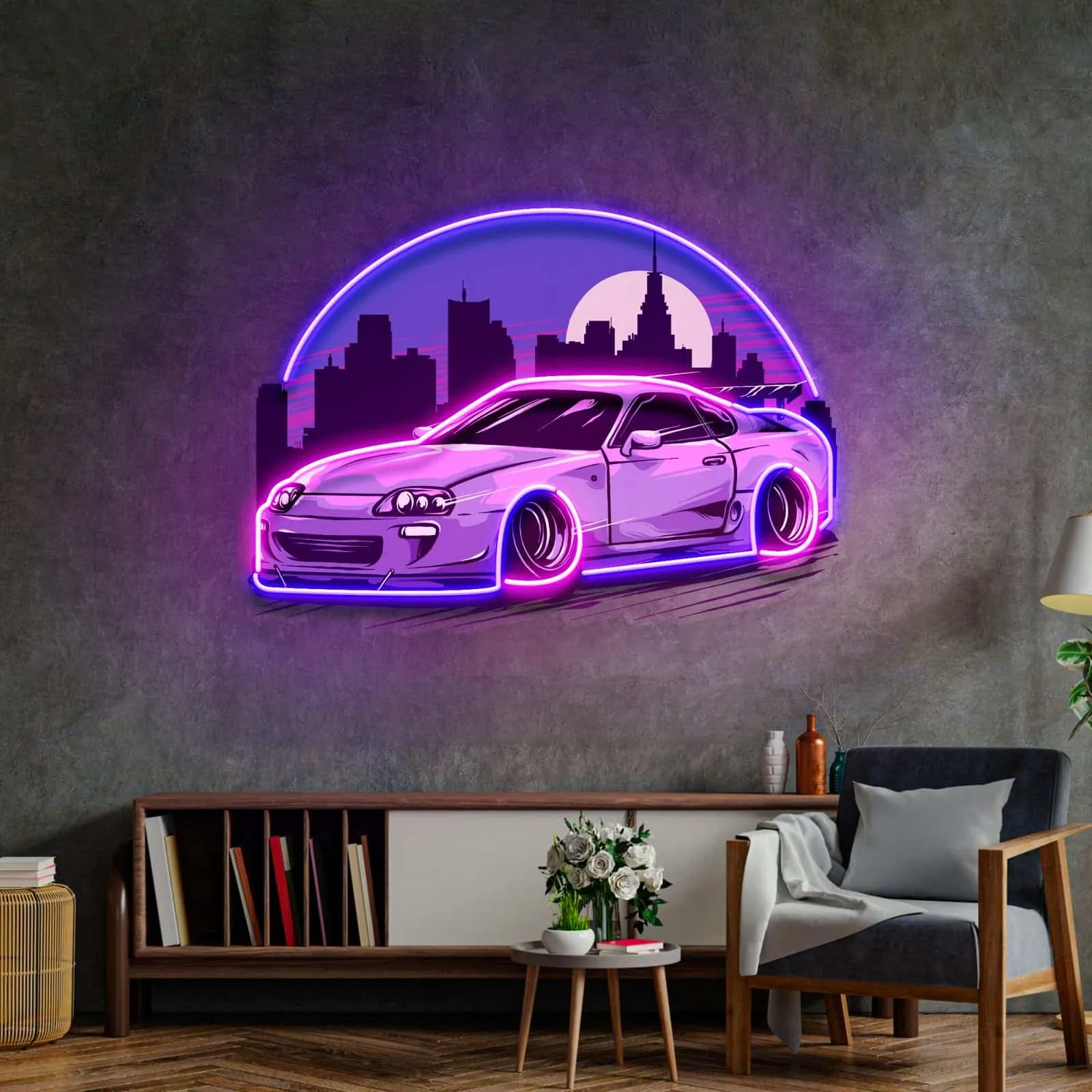 Urban Sports Car Neon Sign, Vibrant City Skyline – Perfect for Garages, Game Rooms, and Modern Spaces