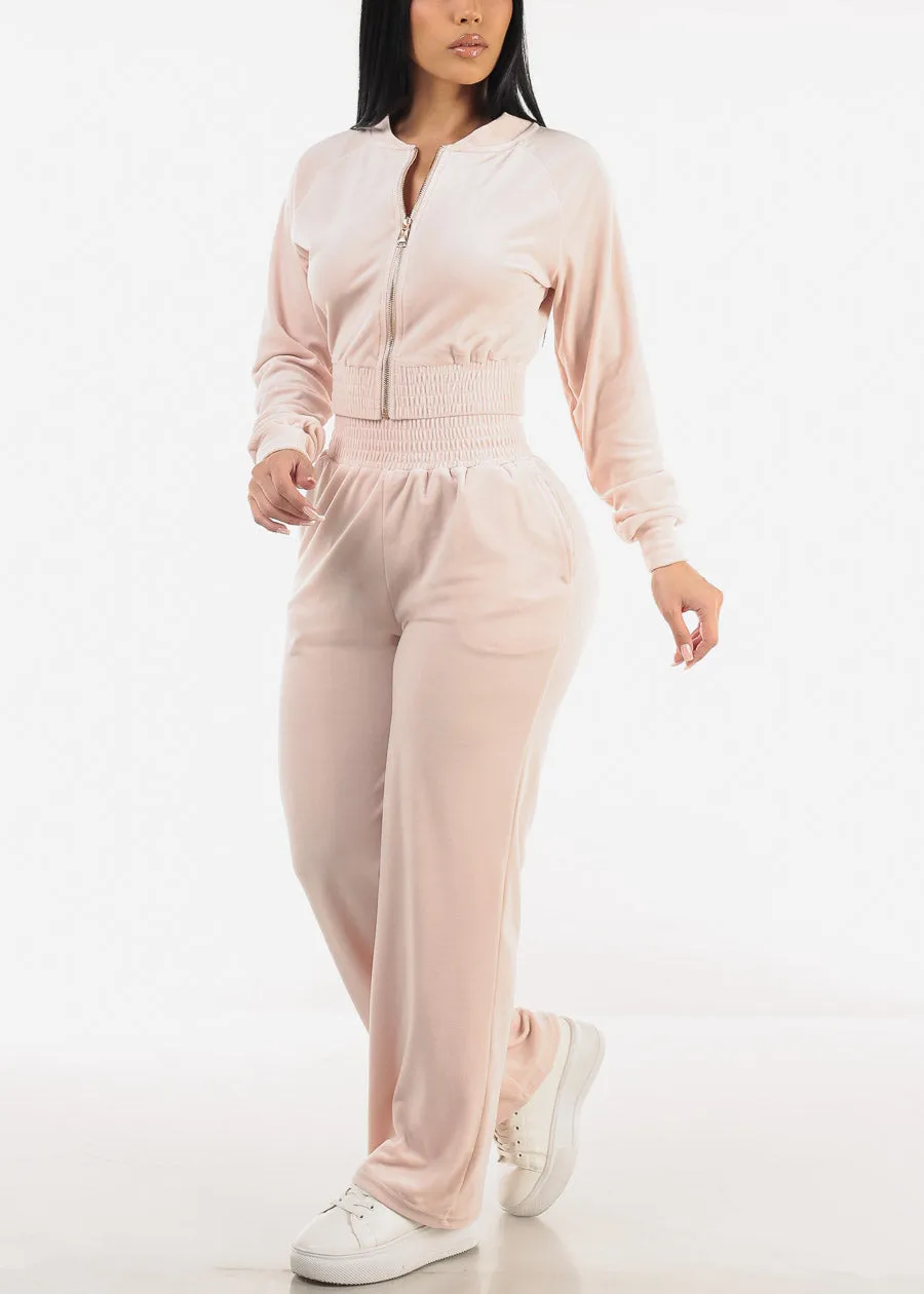 Velvet Zip Up Tracksuit Light Pink (2 PCE SET)