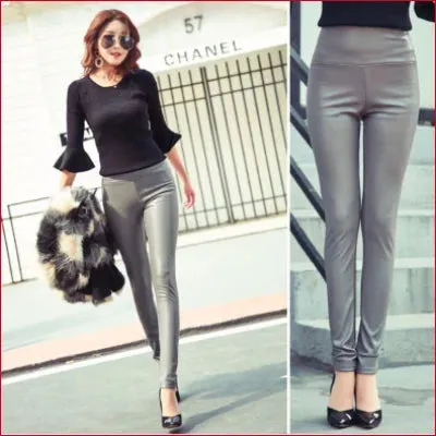 Versatile Grey High Waist Leather Leggings