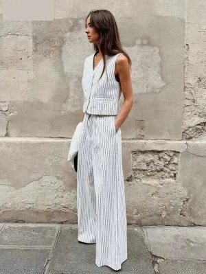 Vertical Stripes Women's Pants 2-Piece Set with V-Neck Vest