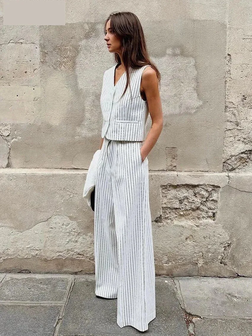 Vertical Stripes Women's Pants 2-Piece Set with V-Neck Vest