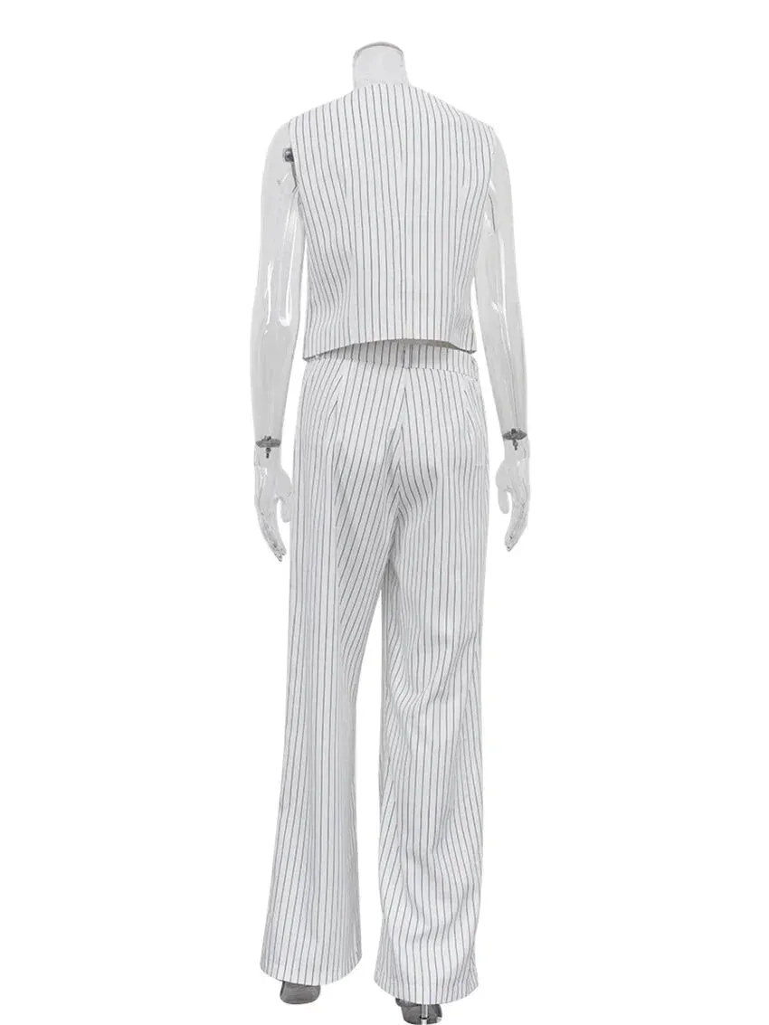 Vertical Stripes Women's Pants 2-Piece Set with V-Neck Vest