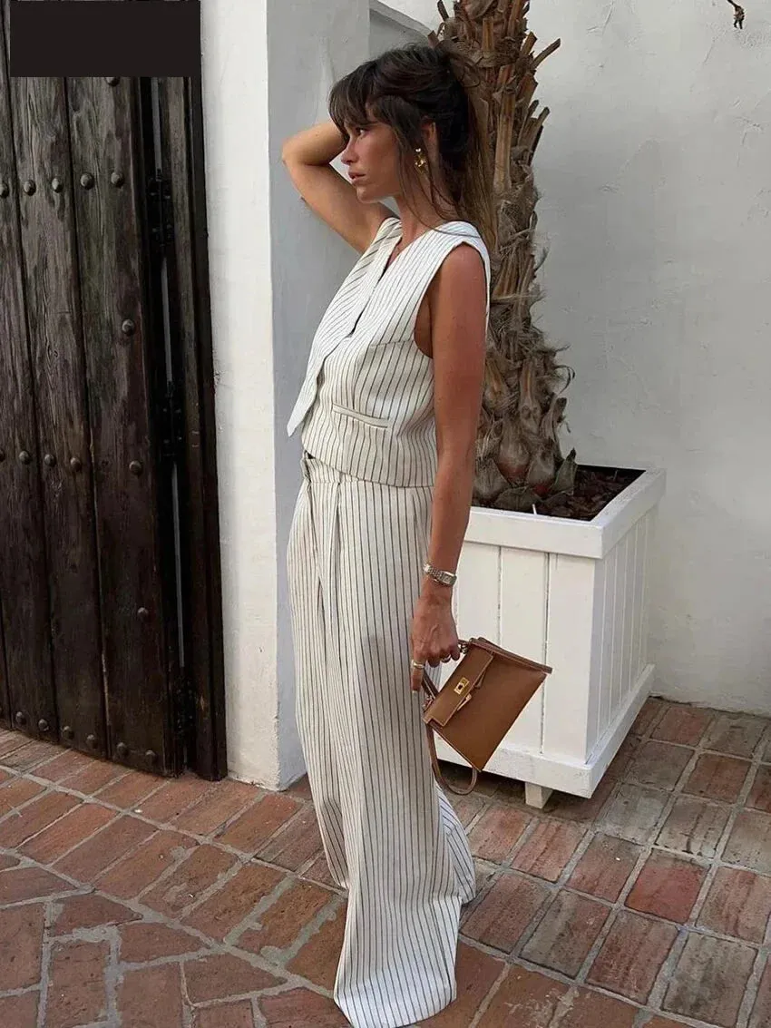 Vertical Stripes Women's Pants 2-Piece Set with V-Neck Vest