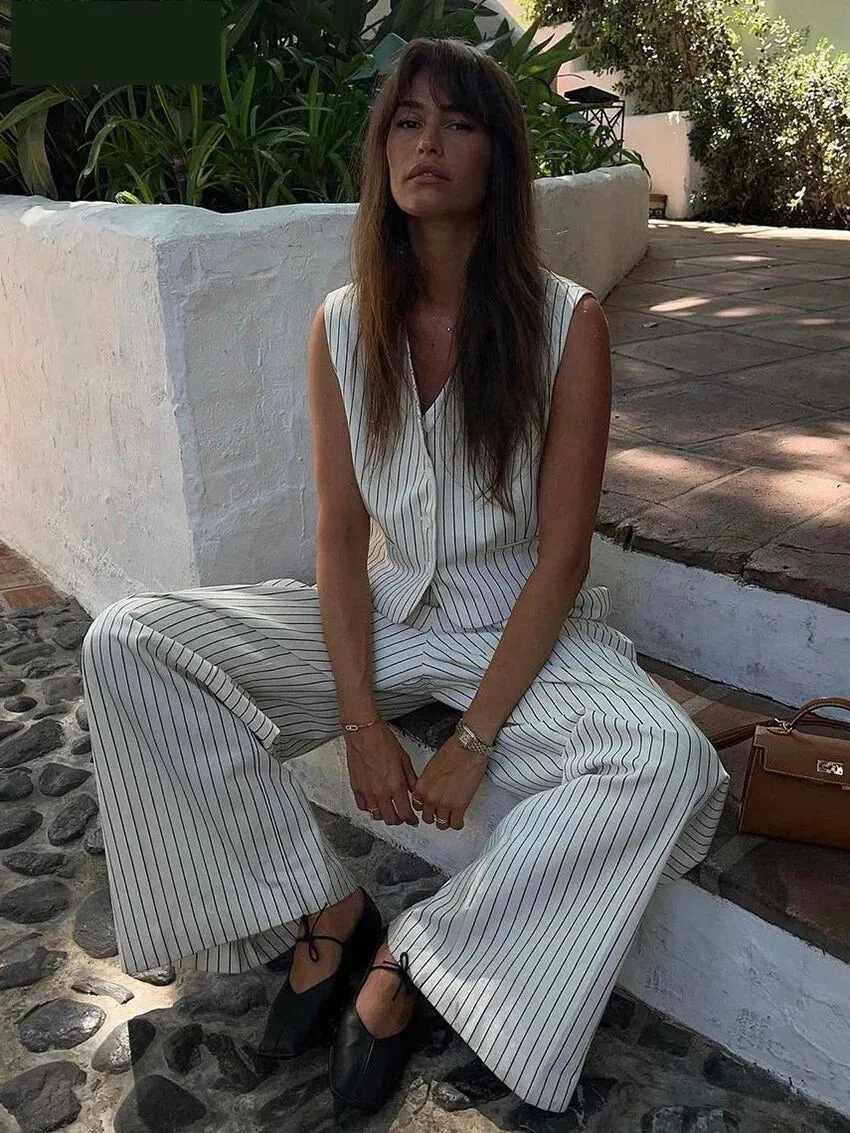 Vertical Stripes Women's Pants 2-Piece Set with V-Neck Vest
