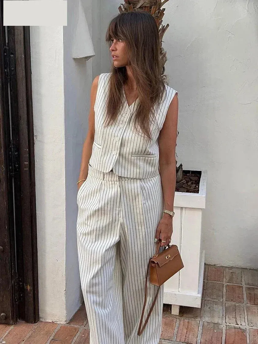 Vertical Stripes Women's Pants 2-Piece Set with V-Neck Vest