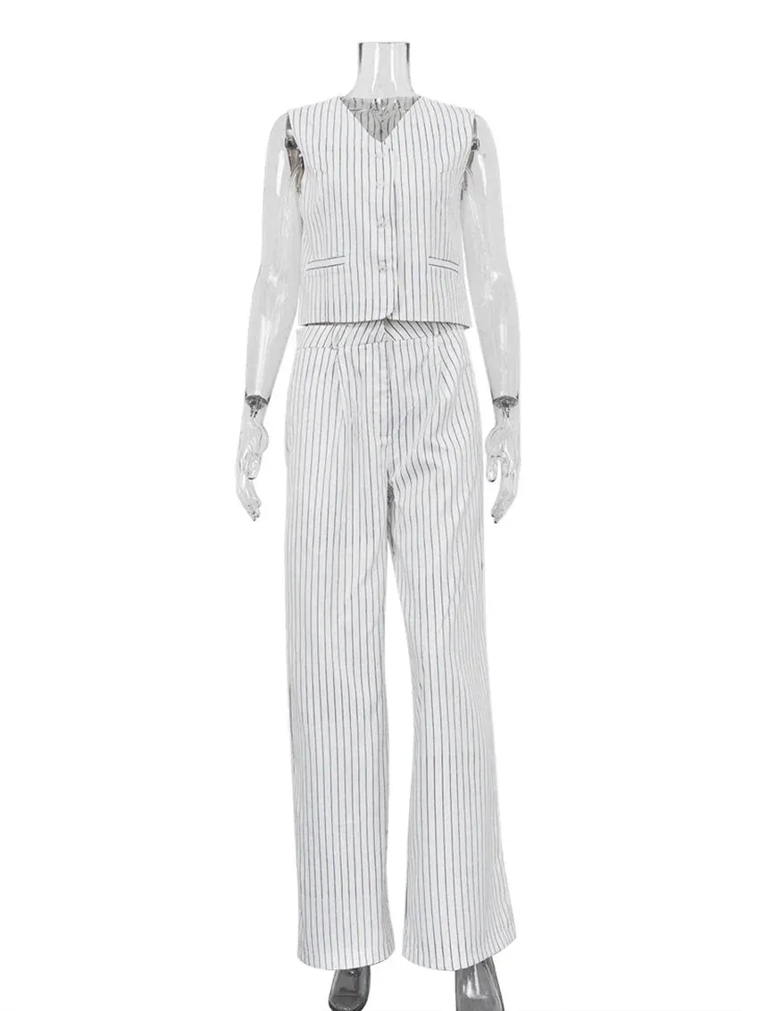 Vertical Stripes Women's Pants 2-Piece Set with V-Neck Vest