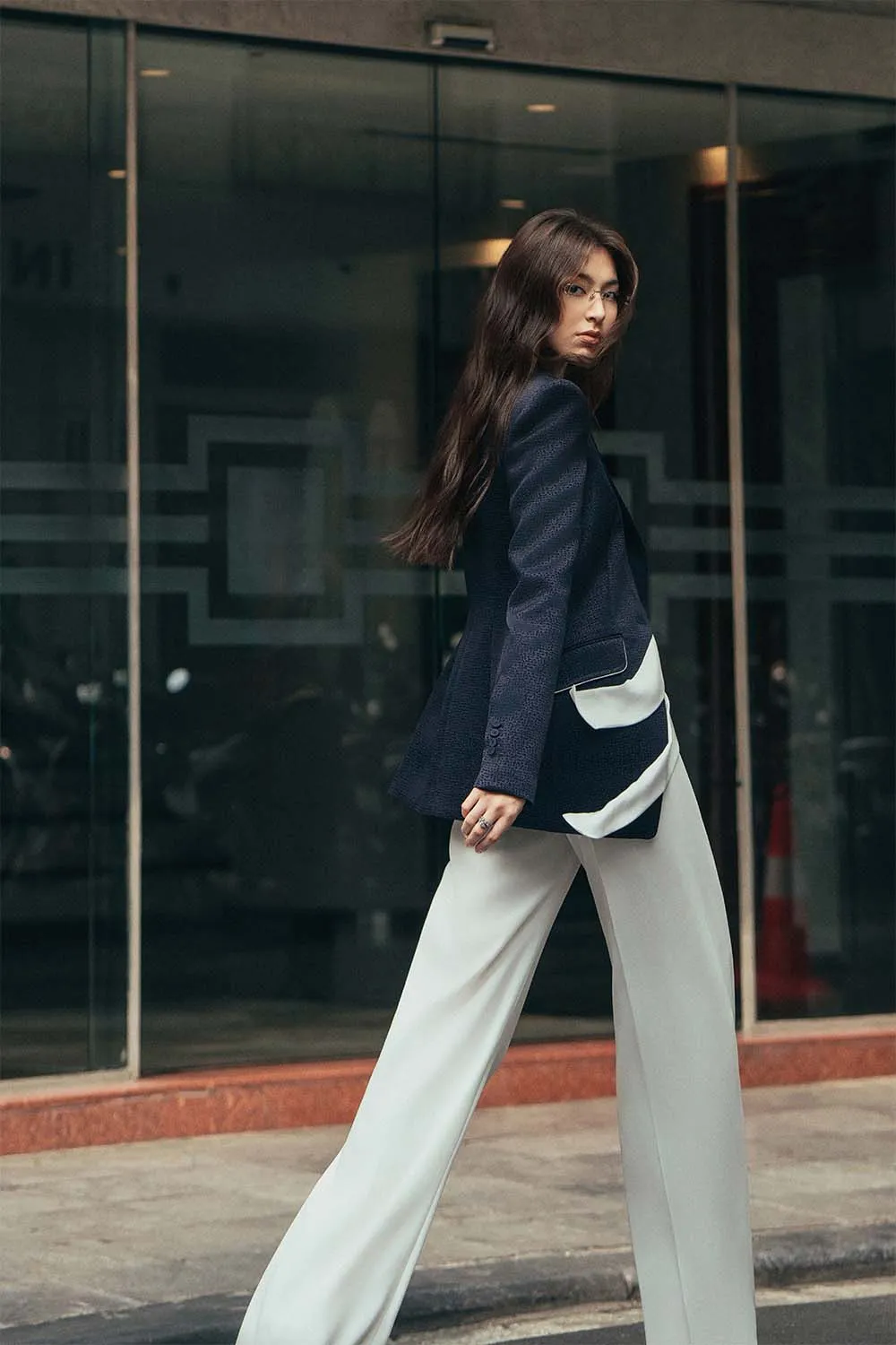Vigo Structured Square Shoulder Satin Blazer
