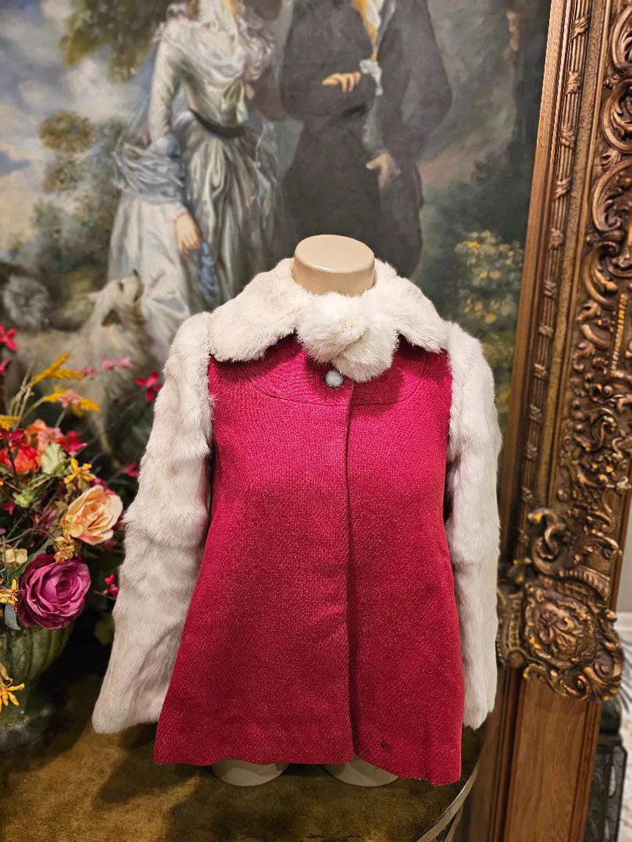 VINTAGE 1940s 1950s CHILD'S CRANBERRY WINTER COAT WITH RABBIT FUR & POM POMS