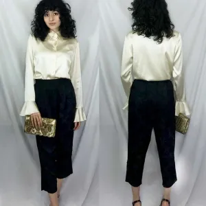 Vintage | Black Floral Silk High Waisted Matador Pants | Size XS
