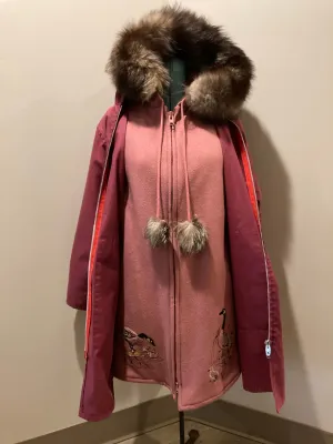 Vintage Northern Sun Pink Wool Parka with Goose Motif and Storm Shell, Made in Canada