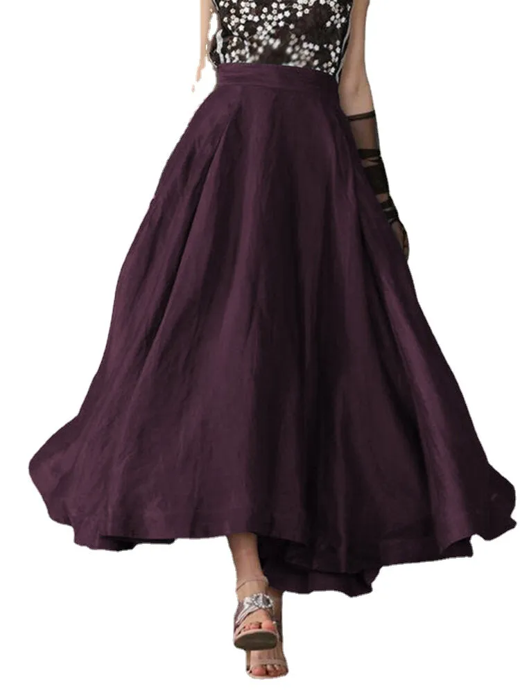 Vintage Solid High Elastic Waist Side Pocket Big Swing Pleated Skirts
