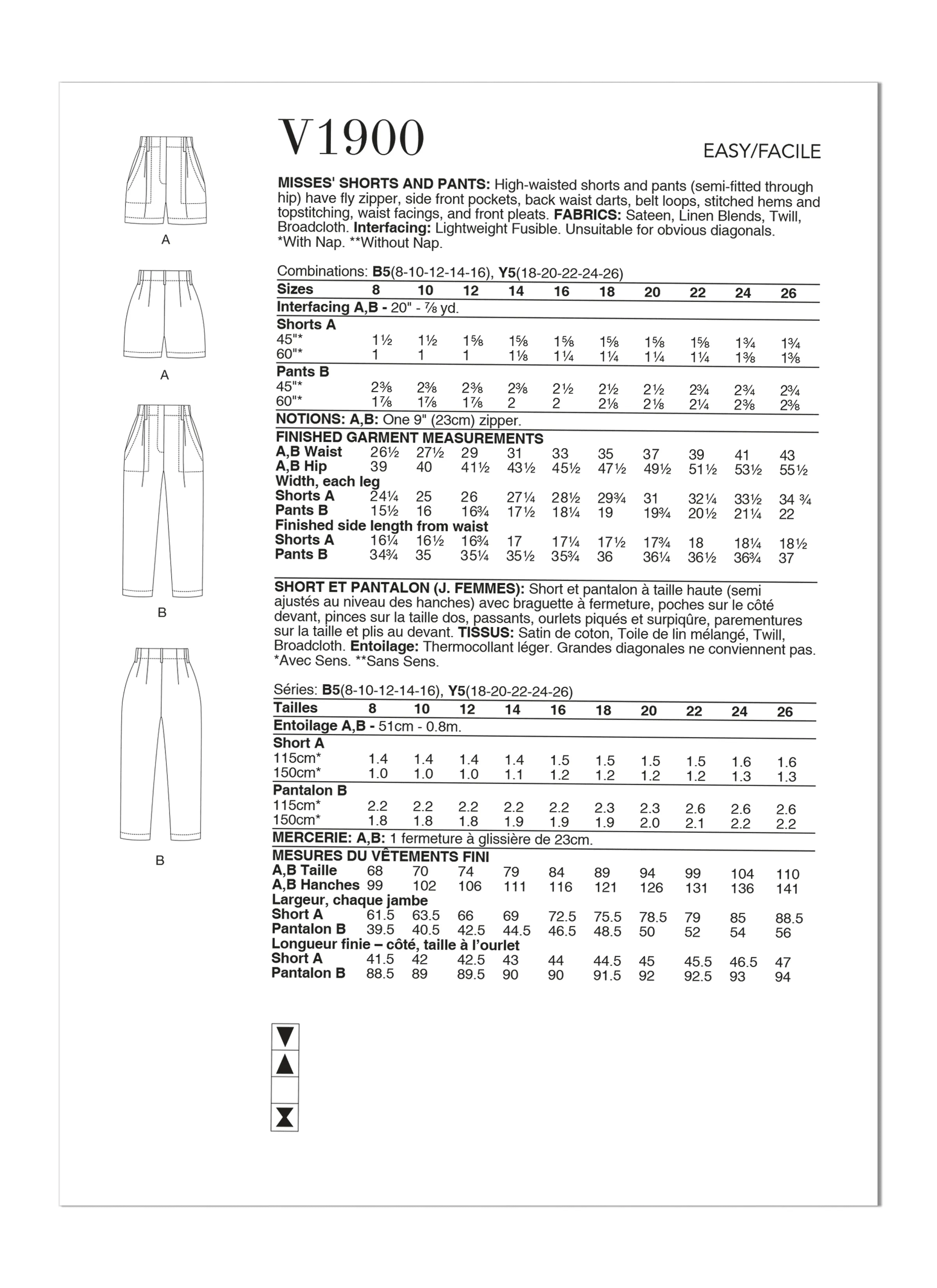 Vogue sewing pattern 1900 Misses' Shorts and Pants