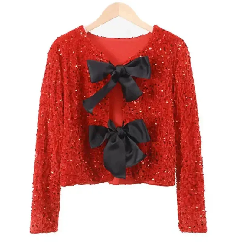 Wenkouban-Winter outfits Christmas Lace-Up Black Bow Open Front Sequin Short Dressy Blazer