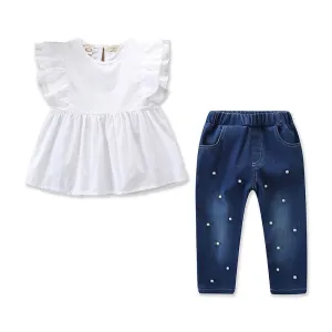 WHITE ANGEL WING SLEEVE SHIRT & DAKR BLUE TROSUERS