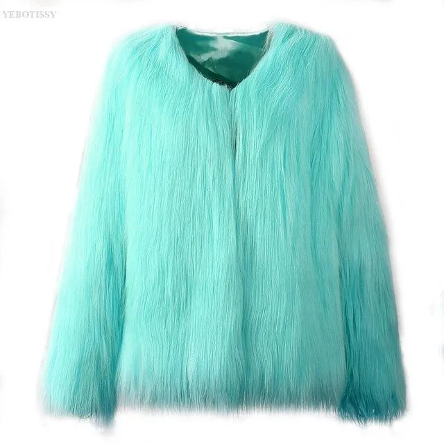 White faux fur coats long sleeve fashion female jacket fuffly fake fur coat outerwear