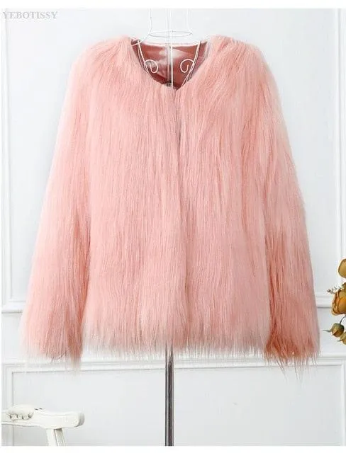 White faux fur coats long sleeve fashion female jacket fuffly fake fur coat outerwear