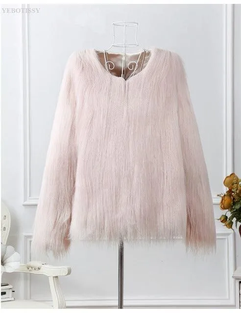 White faux fur coats long sleeve fashion female jacket fuffly fake fur coat outerwear