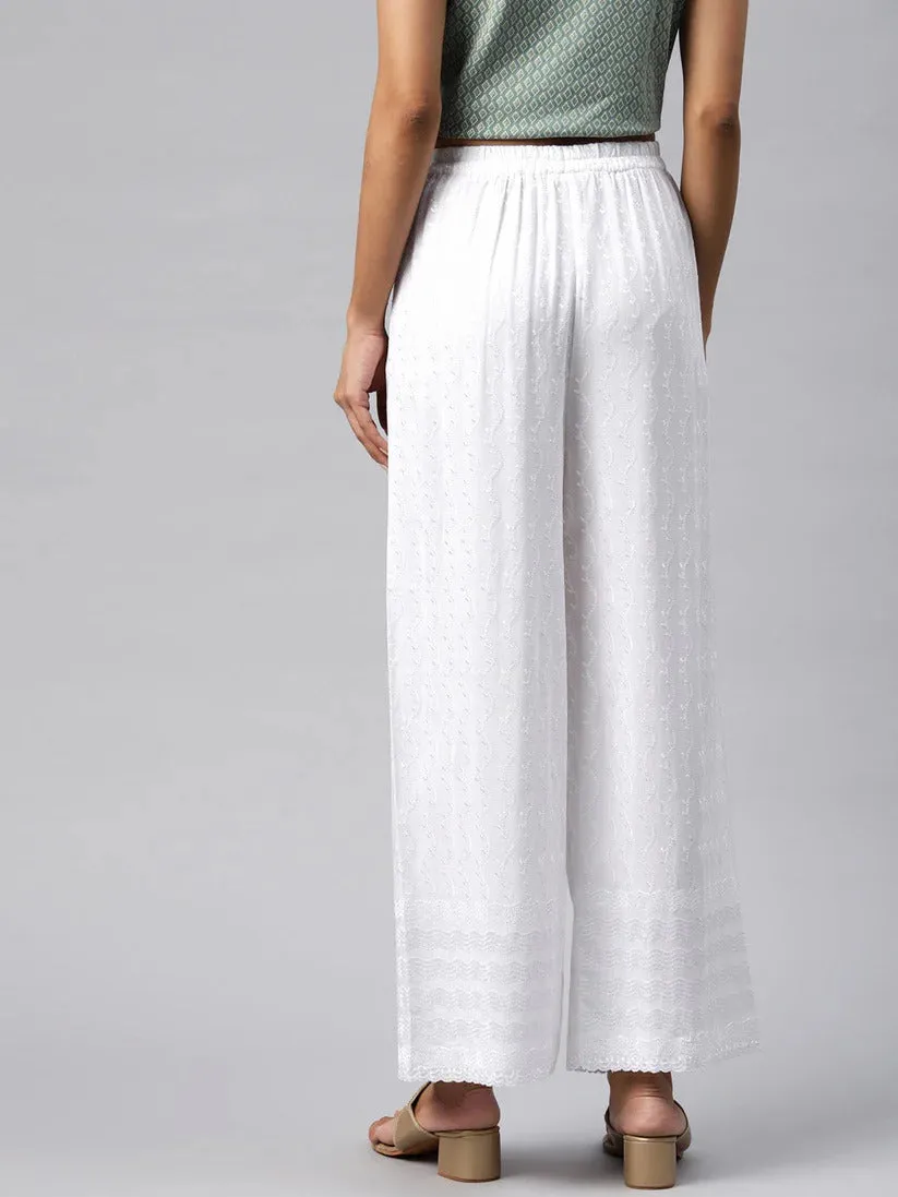 White Rayon Embroidered Palazzo Pants