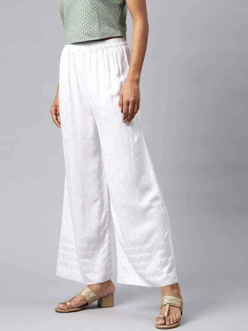 White Rayon Embroidered Palazzo Pants