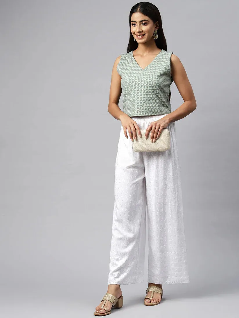 White Rayon Embroidered Palazzo Pants