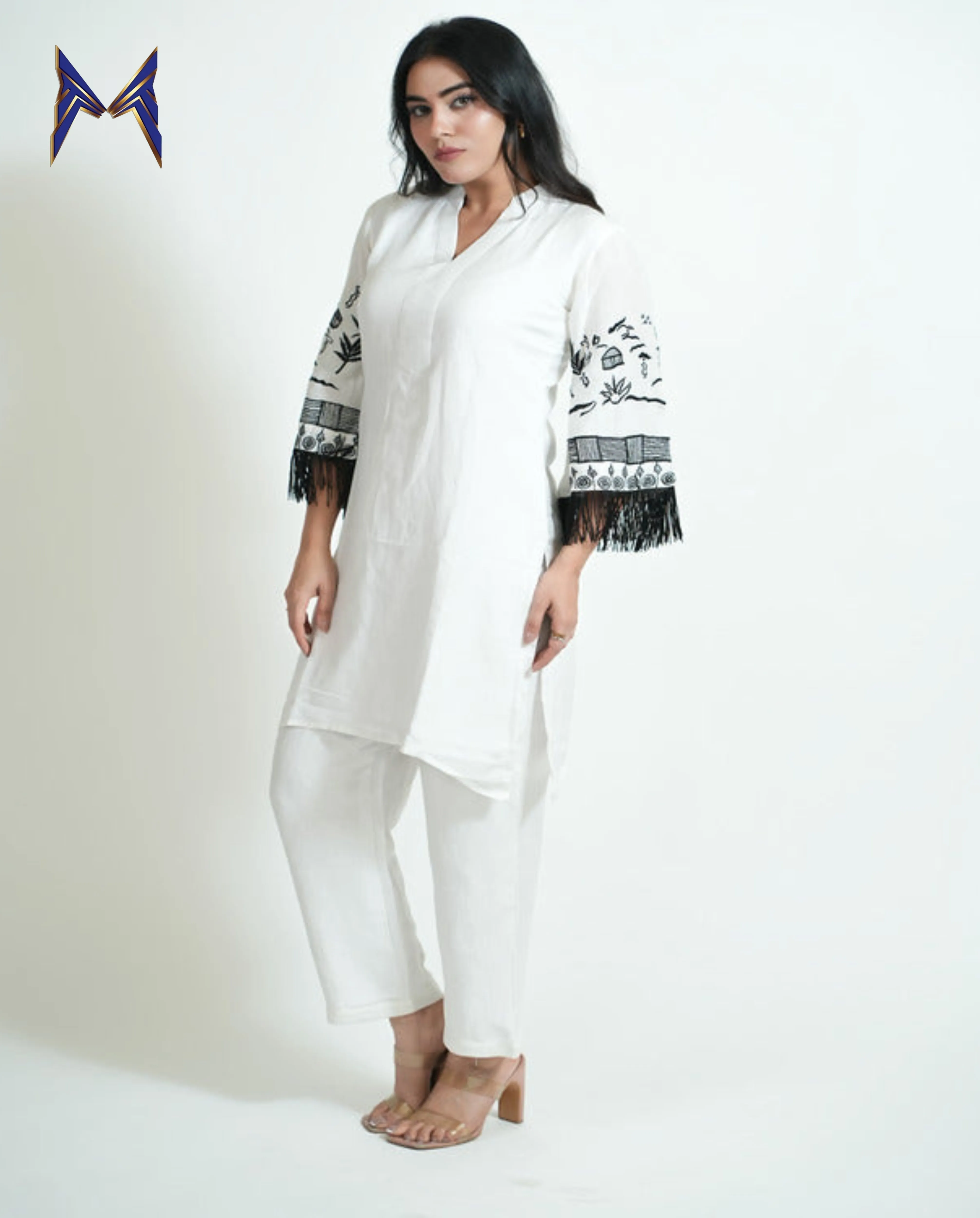 White Sleeves Embroidered Tunic Set
