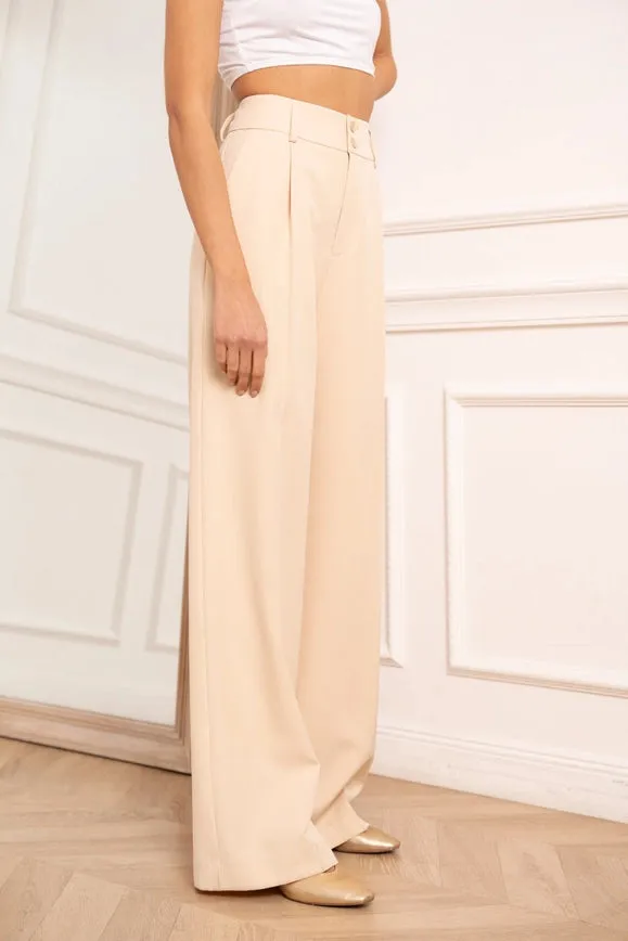 Wide-Cut Plain Pants with Double Breasted Beige