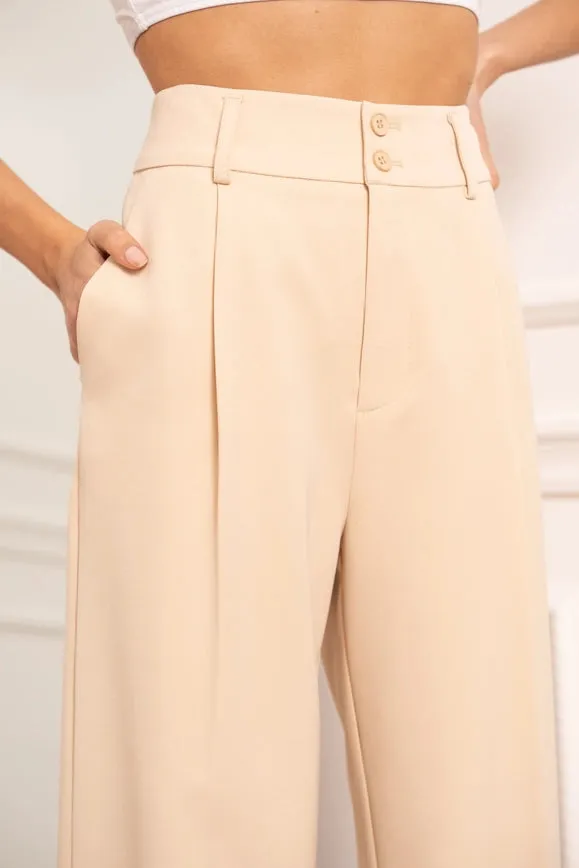 Wide-Cut Plain Pants with Double Breasted Beige