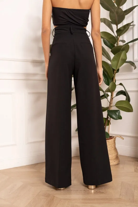 Wide-Cut Plain Pants with Double Breasted Black