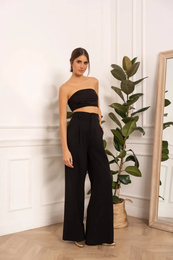 Wide-Cut Plain Pants with Double Breasted Black