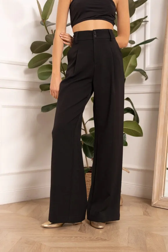 Wide-Cut Plain Pants with Double Breasted Black